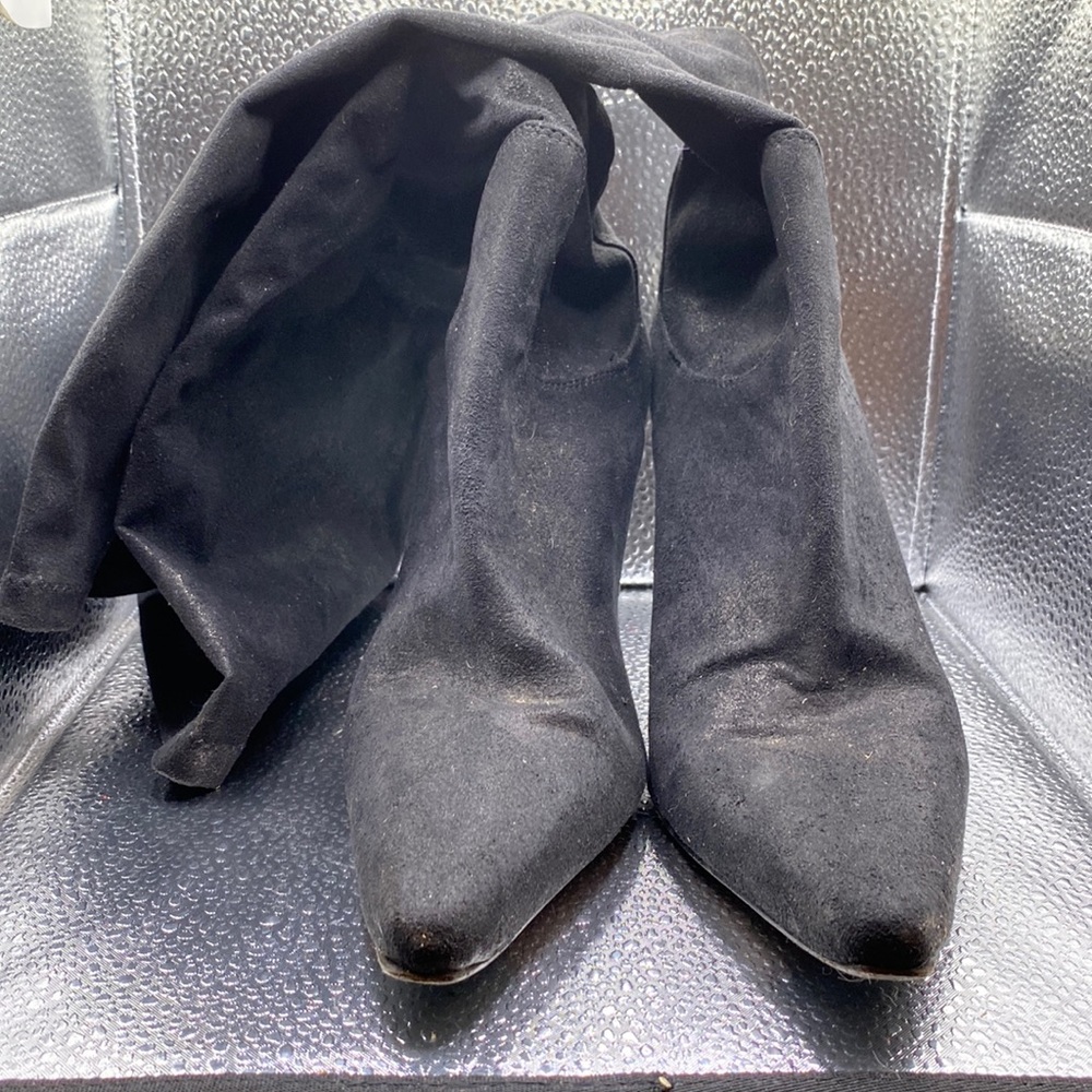 3 1/2” Donald Pliner stiletto suede metallic black knee boot